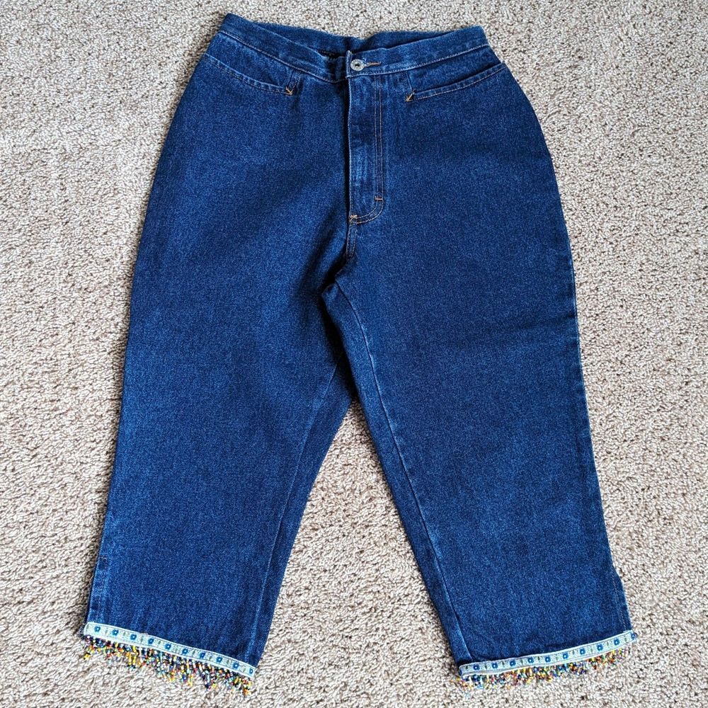 🇺🇸 80s VTG 100% Cotton Southwestern Beaded High Waist Mom Capris Made in USA